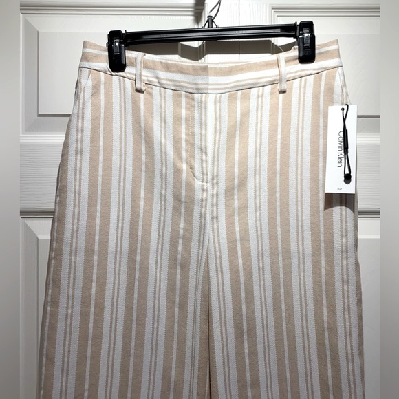 NWT Calvin Klein women pants beige/white Striped high rise straight legs size 6 - Picture 6 of 8